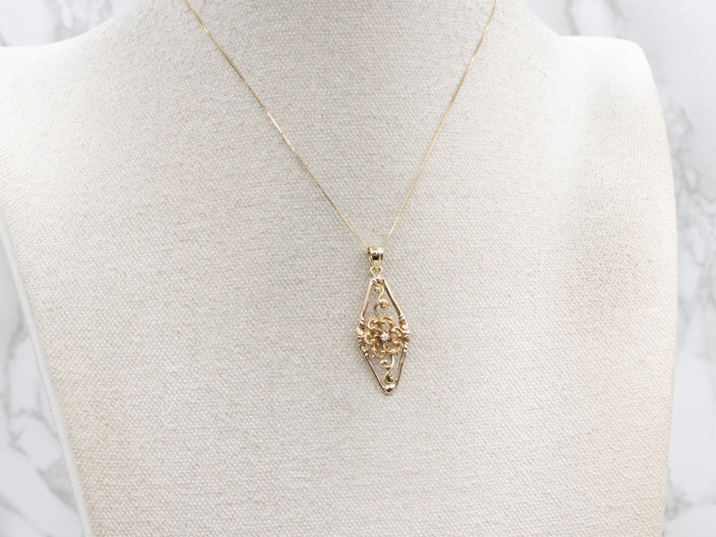 Antique Scrolling Gold Old Mine Cut Diamond Pendant