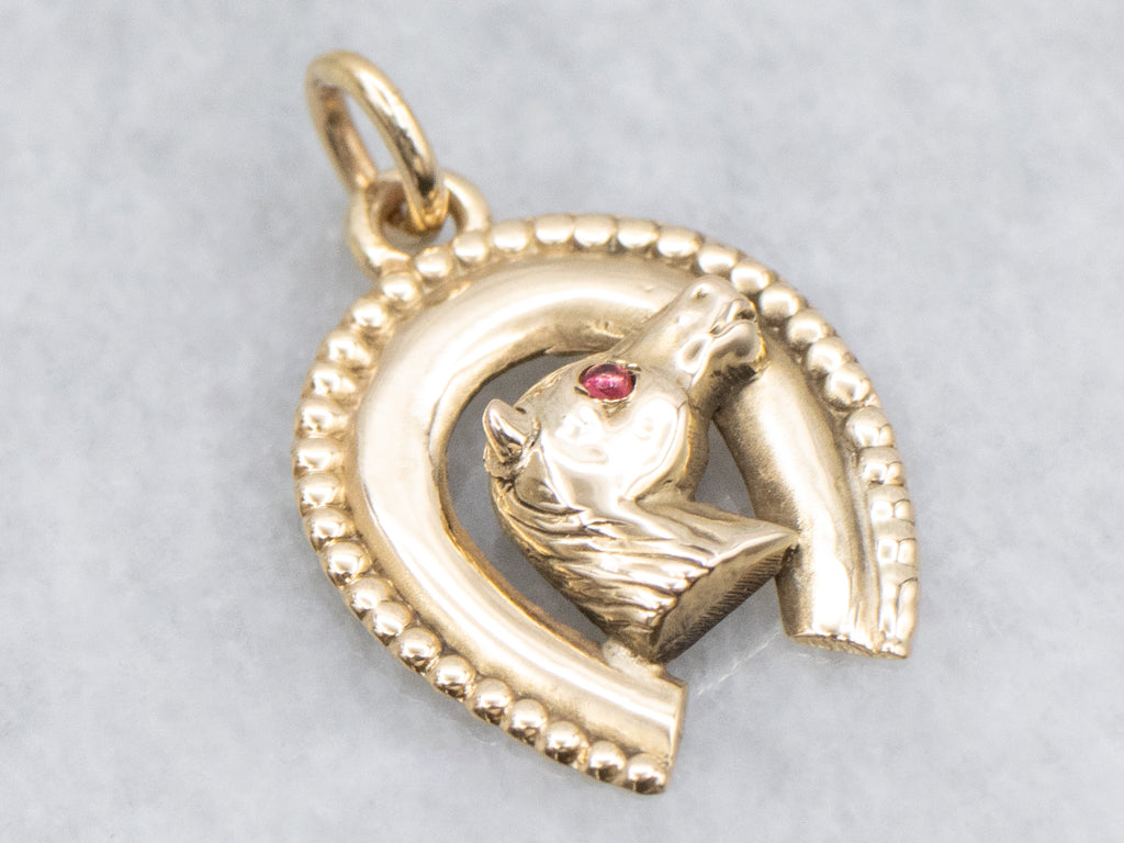 Yellow Gold Lucky Horseshoe Garnet Equestrian Pendant