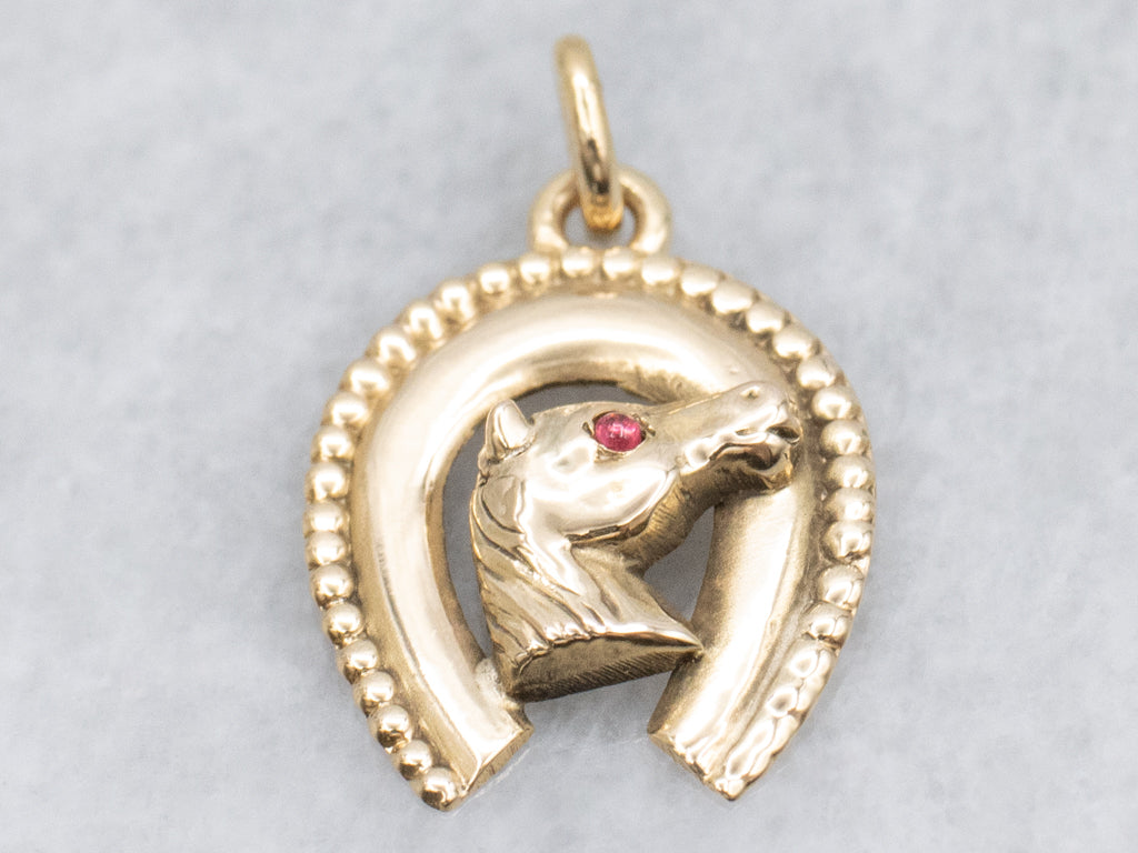 Yellow Gold Lucky Horseshoe Garnet Equestrian Pendant