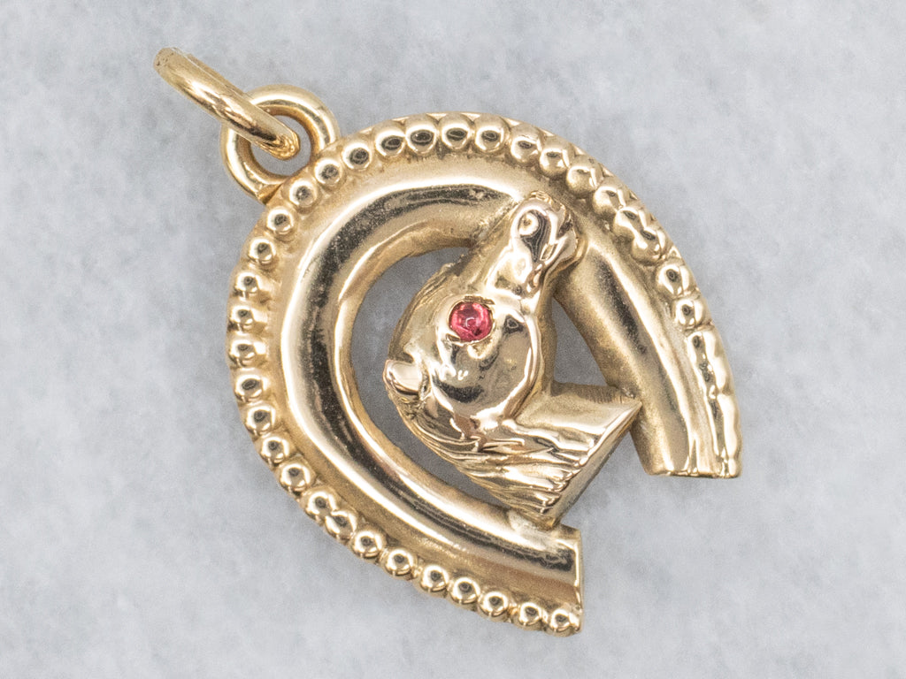 Yellow Gold Lucky Horseshoe Garnet Equestrian Pendant