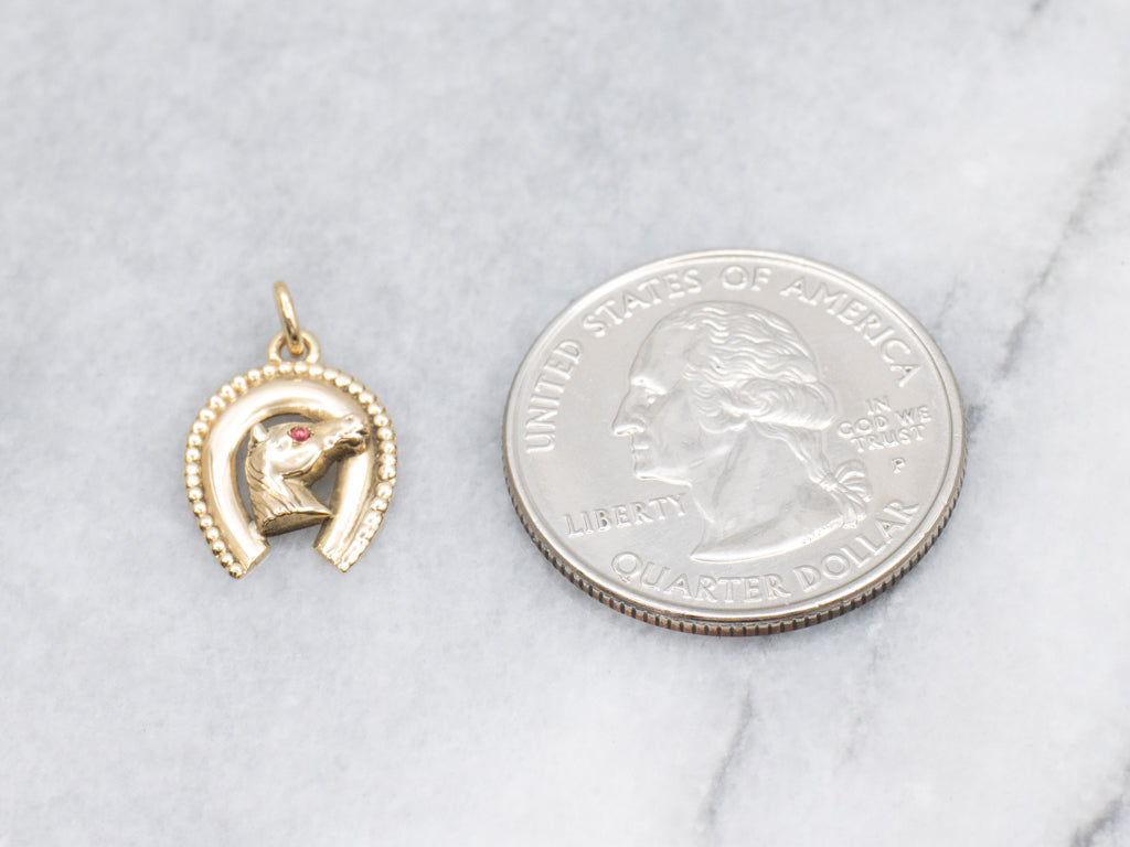 Yellow Gold Lucky Horseshoe Garnet Equestrian Pendant