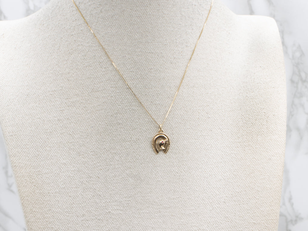 Yellow Gold Lucky Horseshoe Garnet Equestrian Pendant