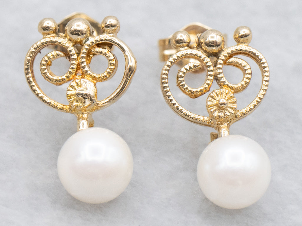 Scrolling Yellow Gold Swinging Pearl Drop Earrings