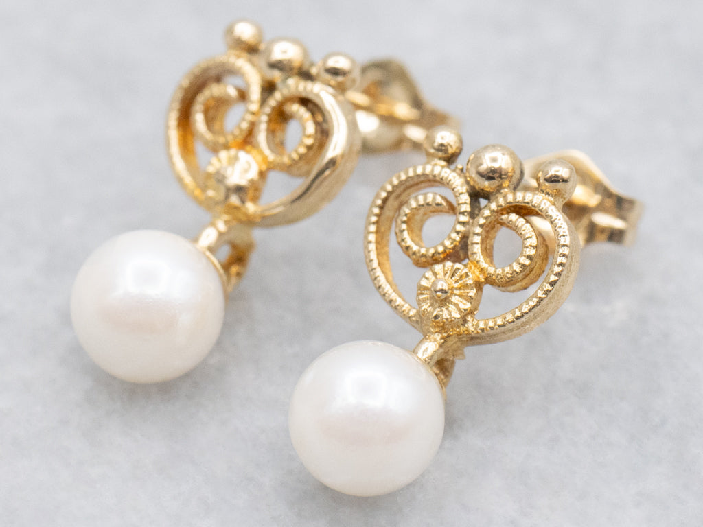 Scrolling Yellow Gold Swinging Pearl Drop Earrings