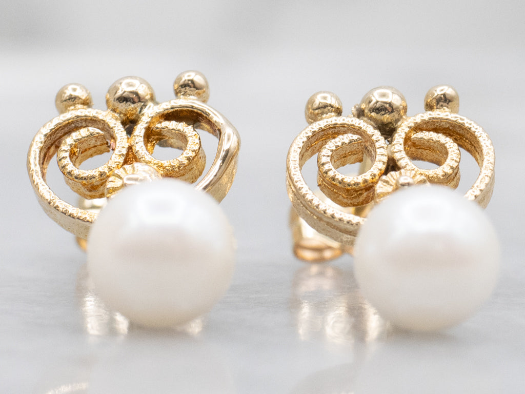 Scrolling Yellow Gold Swinging Pearl Drop Earrings