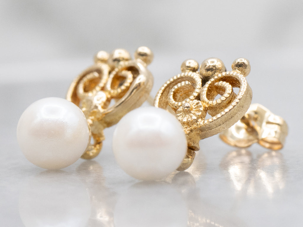 Scrolling Yellow Gold Swinging Pearl Drop Earrings