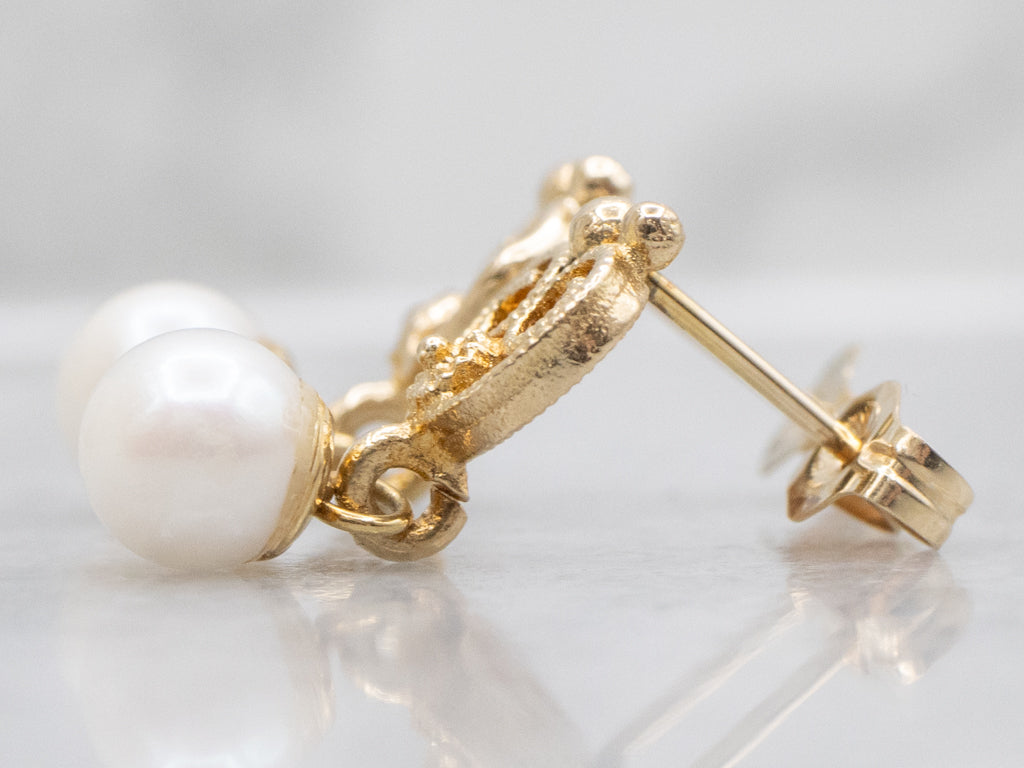 Scrolling Yellow Gold Swinging Pearl Drop Earrings