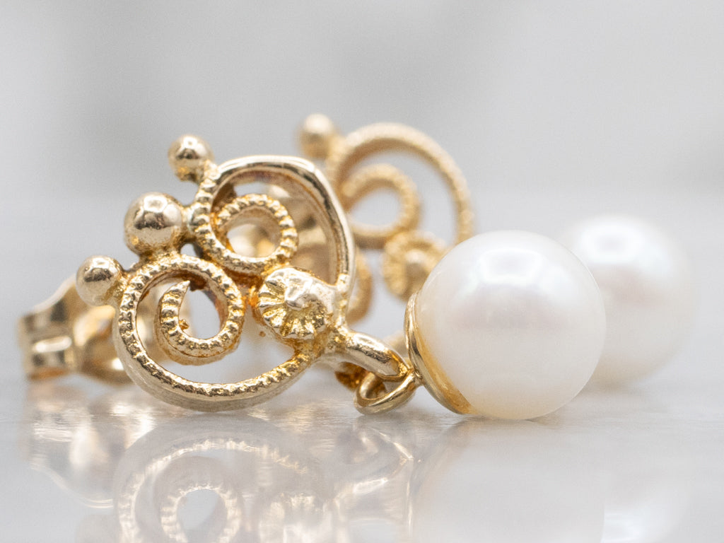 Scrolling Yellow Gold Swinging Pearl Drop Earrings