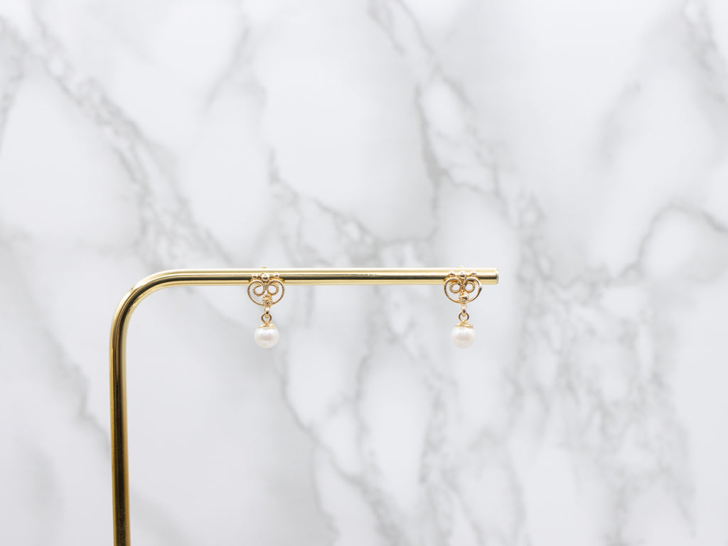 Scrolling Yellow Gold Swinging Pearl Drop Earrings
