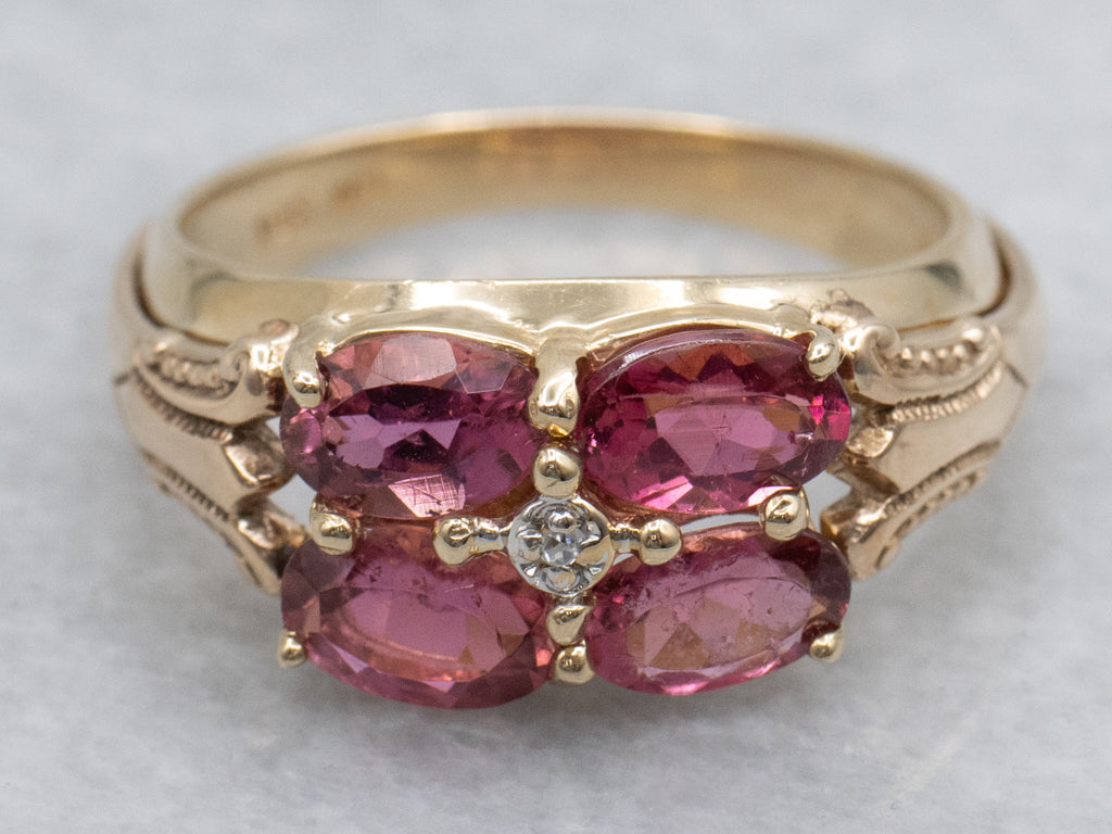 Pink Tourmaline and Diamond Cluster Ring with Victorian Elements