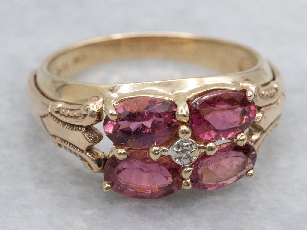 Pink Tourmaline and Diamond Cluster Ring with Victorian Elements