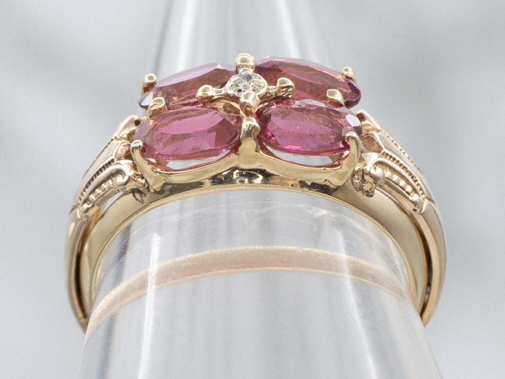 Pink Tourmaline and Diamond Cluster Ring with Victorian Elements