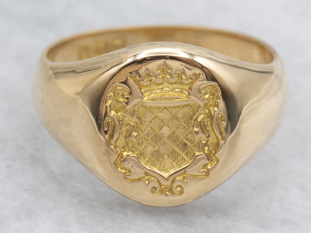 Vintage 18-Karat Gold Family Crest Signet Ring with Mermaid Engraved Inside
