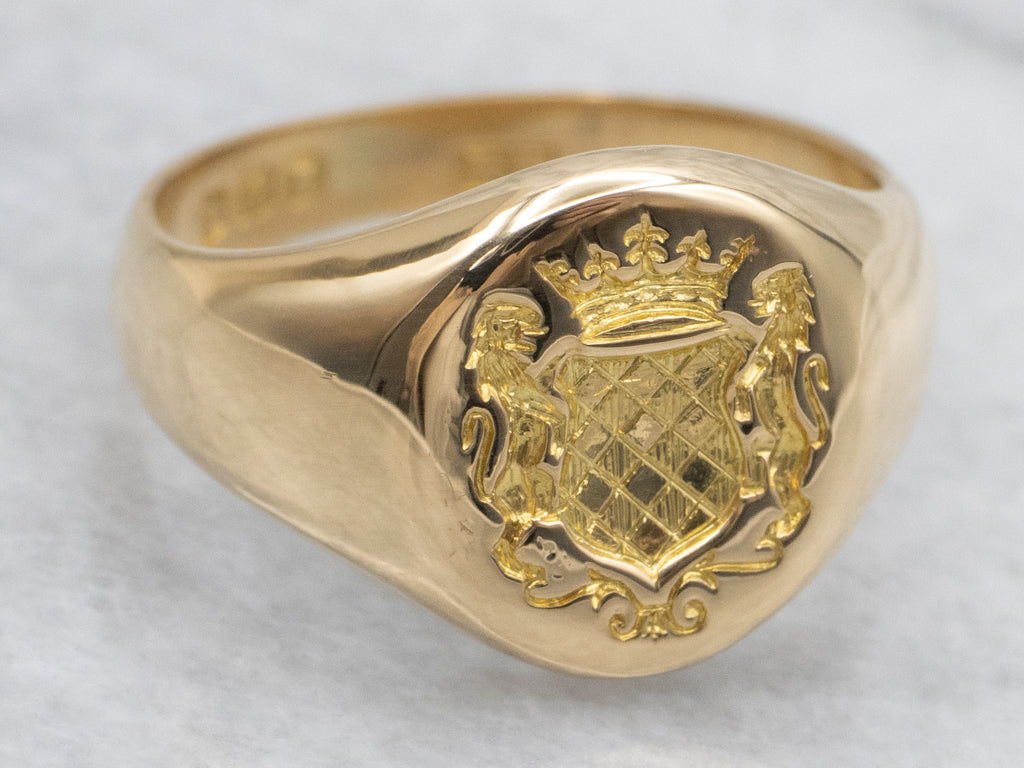 Vintage 18-Karat Gold Family Crest Signet Ring with Mermaid Engraved Inside