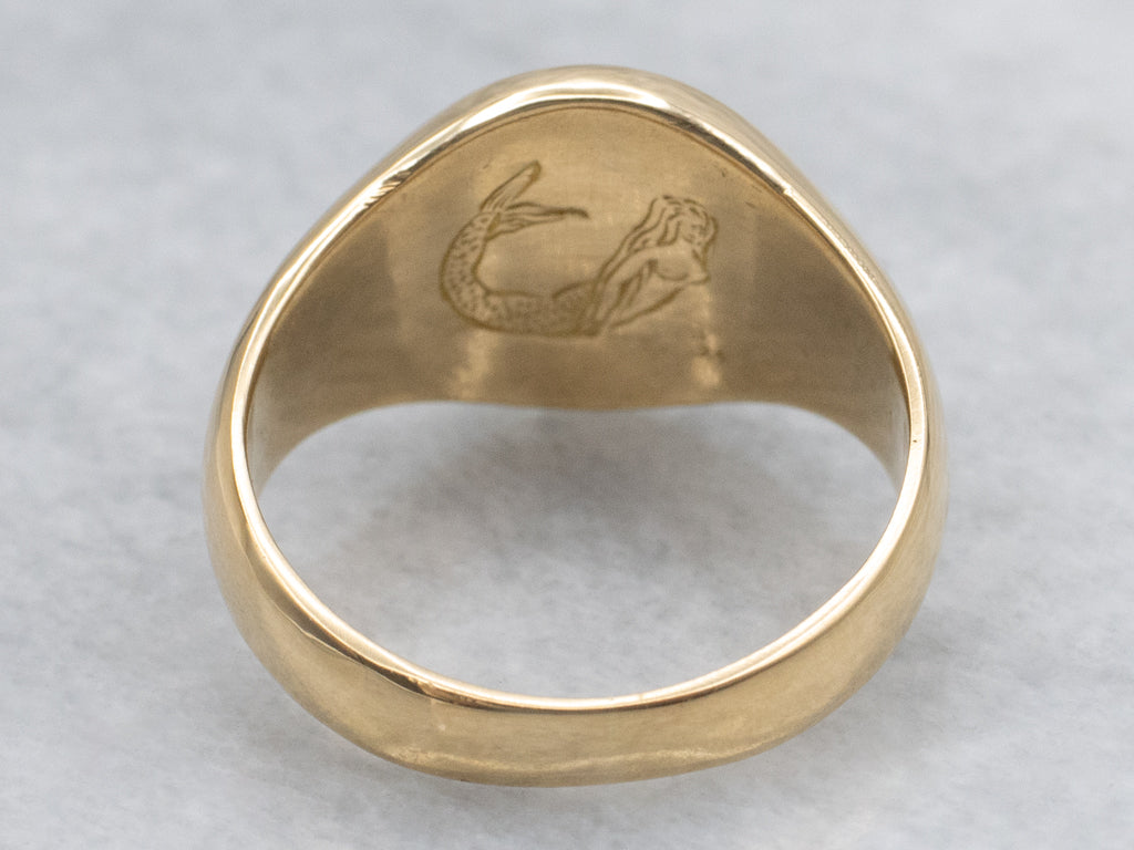 Vintage 18-Karat Gold Family Crest Signet Ring with Mermaid Engraved Inside