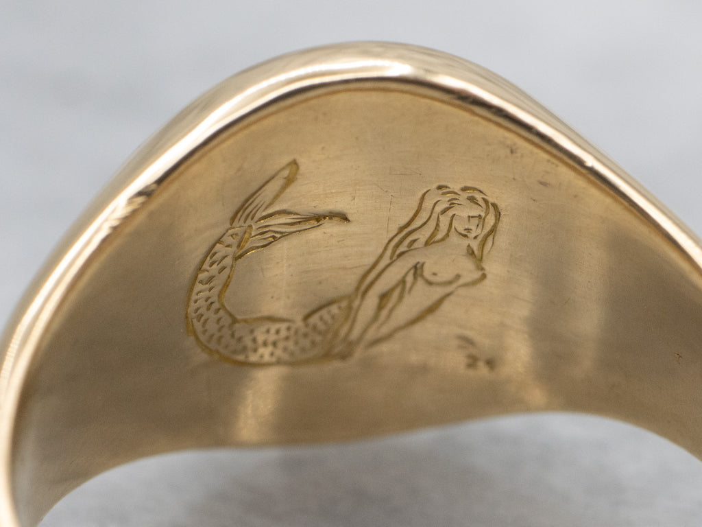Vintage 18-Karat Gold Family Crest Signet Ring with Mermaid Engraved Inside