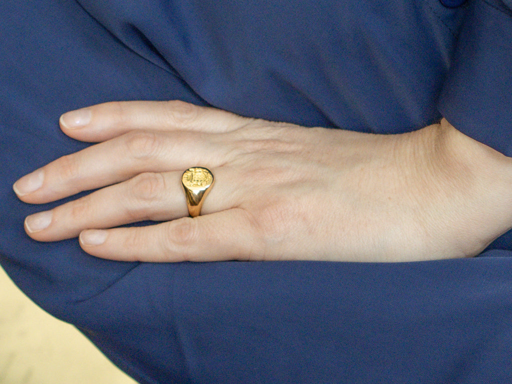Vintage 18-Karat Gold Family Crest Signet Ring with Mermaid Engraved Inside