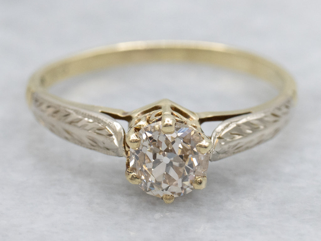Old Mine Cut Diamond Hand-Engraved Two-Tone Gold Engagement Ring