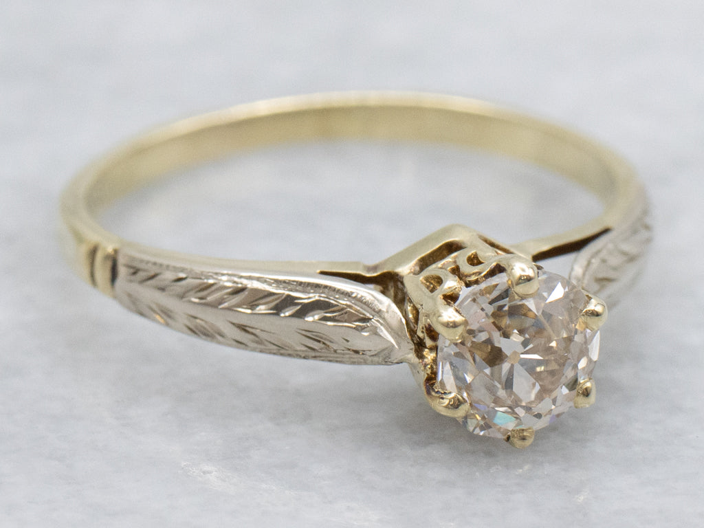 Old Mine Cut Diamond Hand-Engraved Two-Tone Gold Engagement Ring