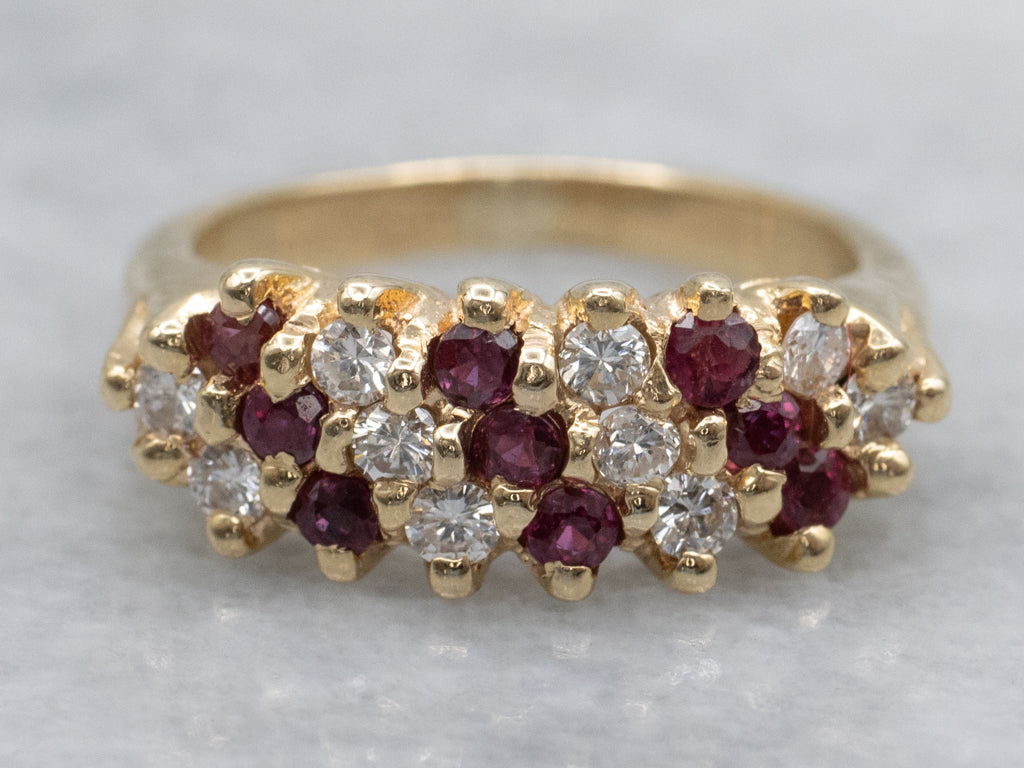Triple Row Alternating Ruby and Diamond Yellow Gold Band