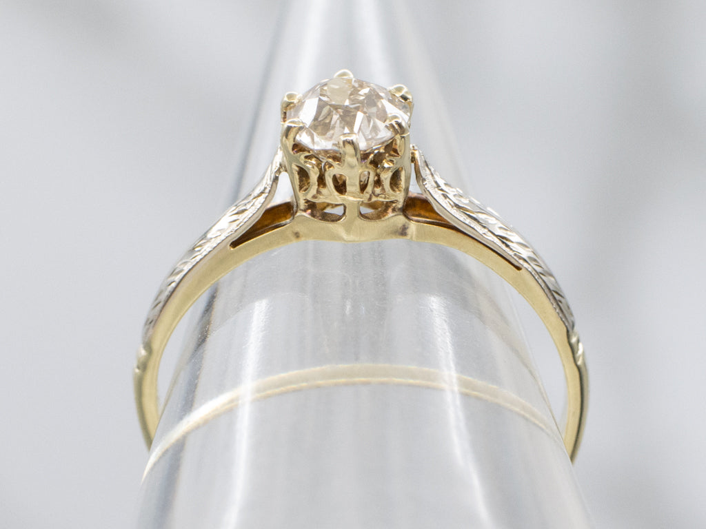 Old Mine Cut Diamond Hand-Engraved Two-Tone Gold Engagement Ring