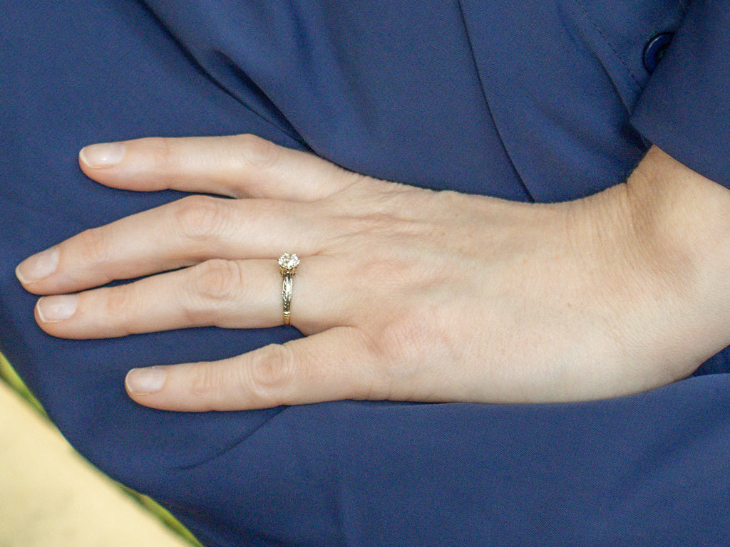 Old Mine Cut Diamond Hand-Engraved Two-Tone Gold Engagement Ring