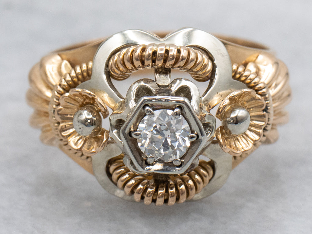 Retro-Era Old Mine Cut Diamond Two-Tone Gold Statement Ring