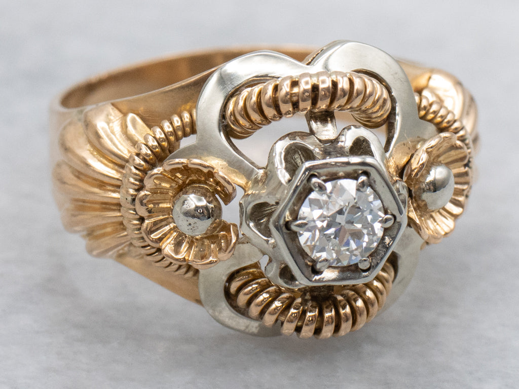 Retro-Era Old Mine Cut Diamond Two-Tone Gold Statement Ring
