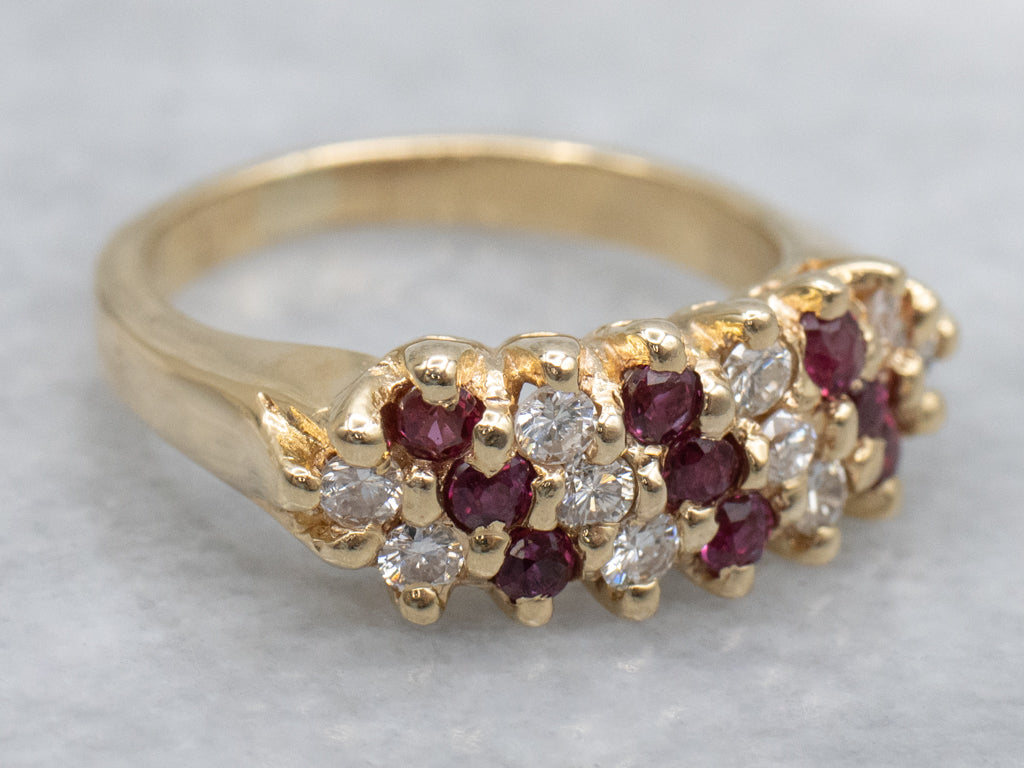 Triple Row Alternating Ruby and Diamond Yellow Gold Band