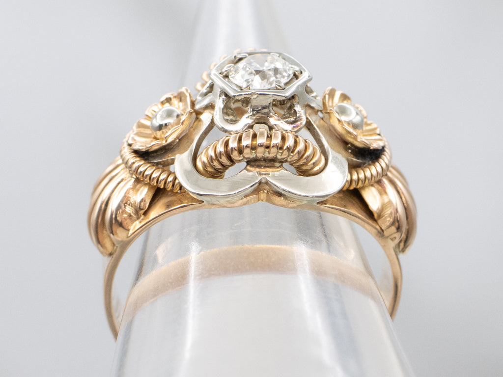 Retro-Era Old Mine Cut Diamond Two-Tone Gold Statement Ring