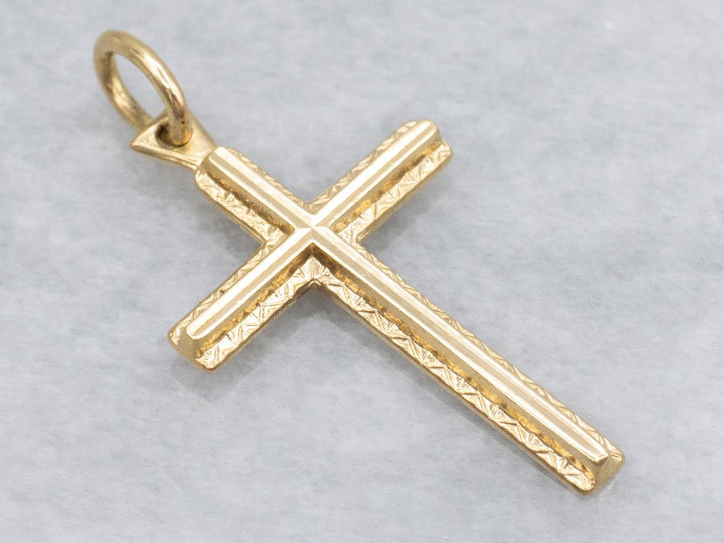 Patterned Edge Yellow Gold Cross Pendant