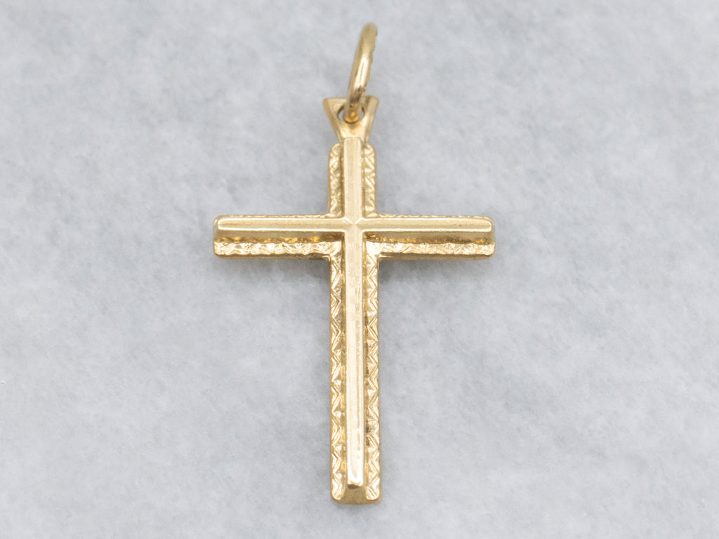 Patterned Edge Yellow Gold Cross Pendant