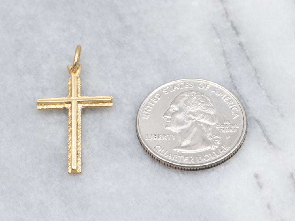 Patterned Edge Yellow Gold Cross Pendant