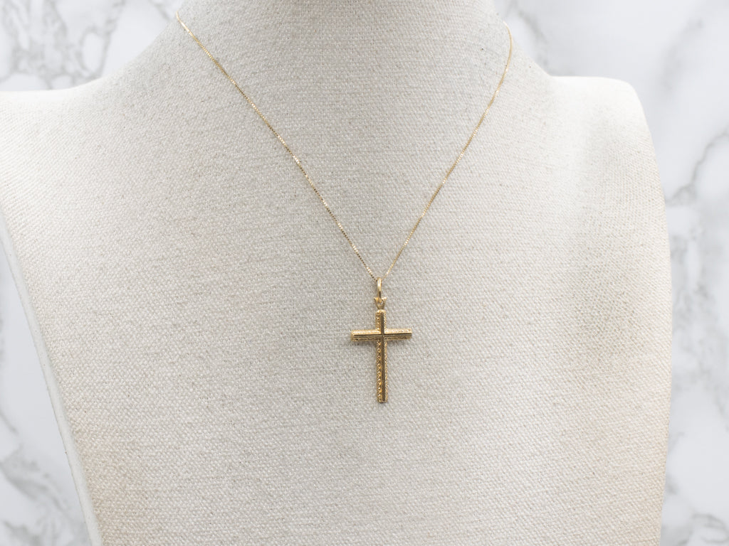 Patterned Edge Yellow Gold Cross Pendant