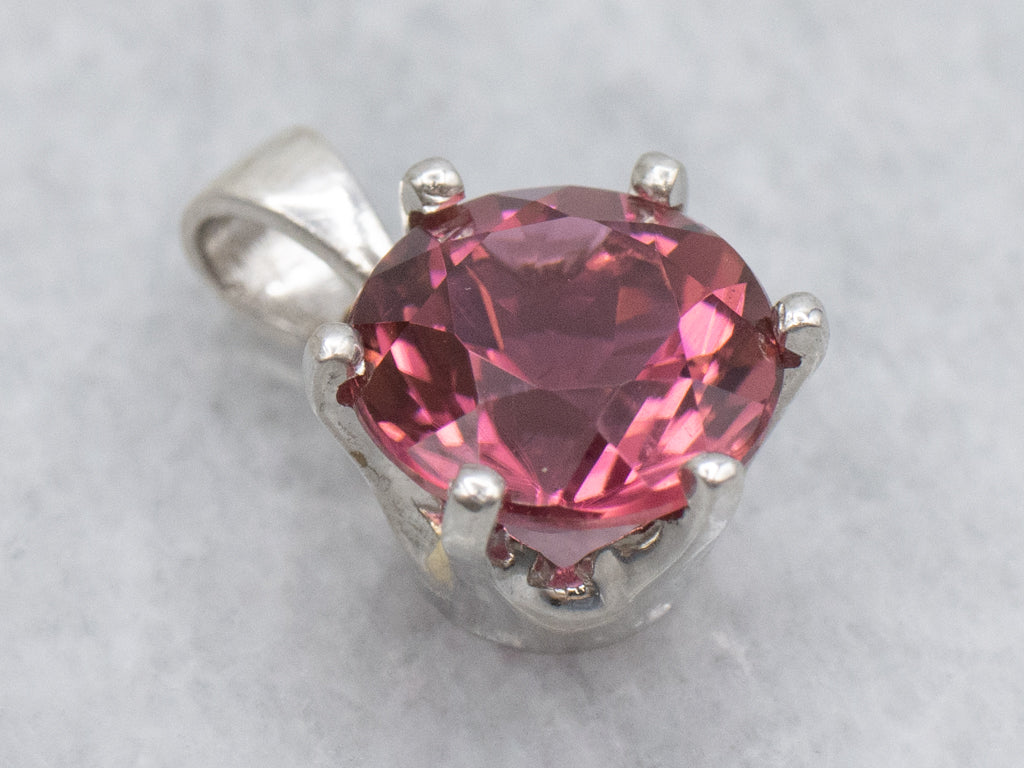 Bright Pink Tourmaline White Gold Solitaire Pendant with Sterling Silver Bail
