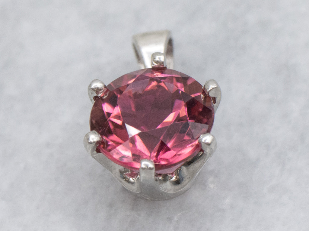 Bright Pink Tourmaline White Gold Solitaire Pendant with Sterling Silver Bail