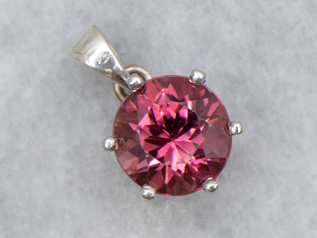 Bright Pink Tourmaline White Gold Solitaire Pendant with Sterling Silver Bail