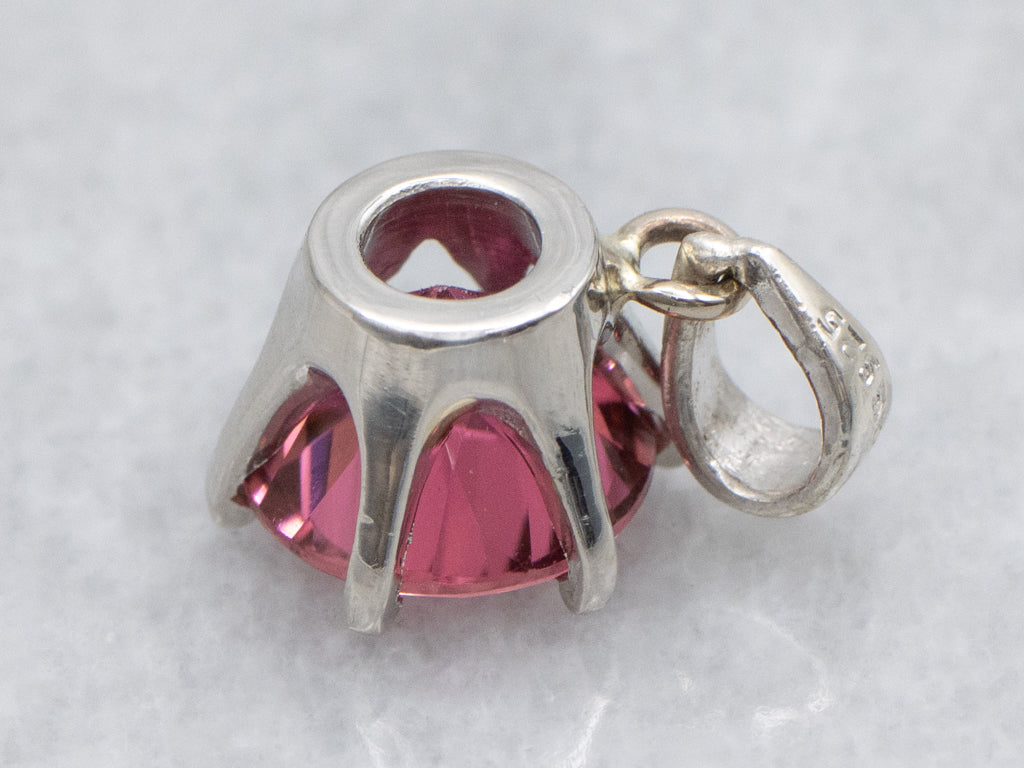 Bright Pink Tourmaline White Gold Solitaire Pendant with Sterling Silver Bail