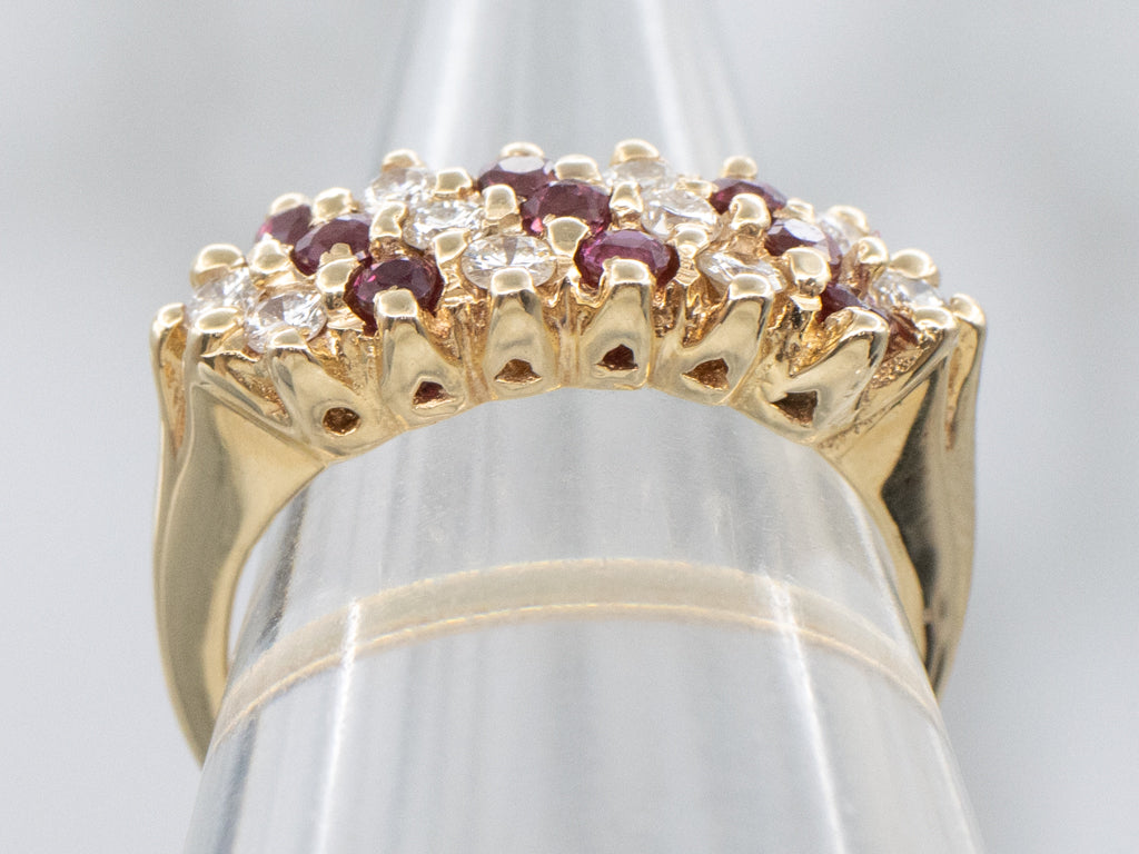 Triple Row Alternating Ruby and Diamond Yellow Gold Band