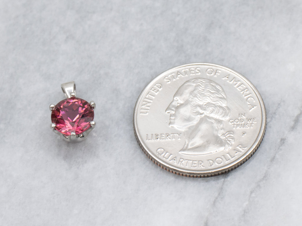 Bright Pink Tourmaline White Gold Solitaire Pendant with Sterling Silver Bail