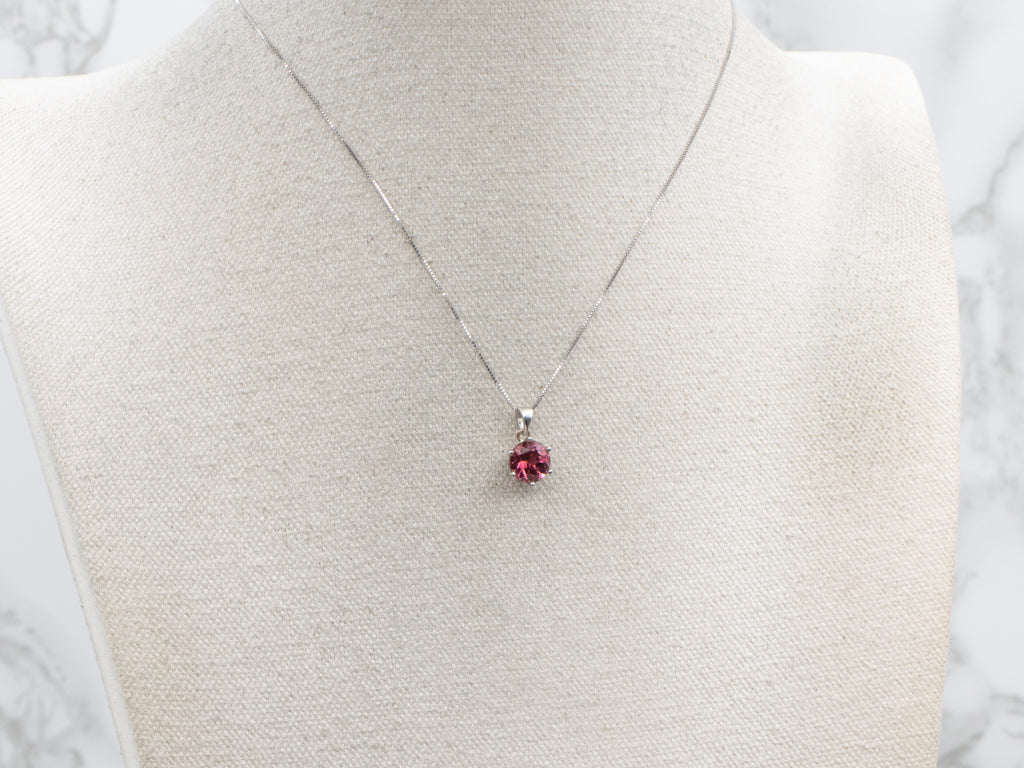 Bright Pink Tourmaline White Gold Solitaire Pendant with Sterling Silver Bail