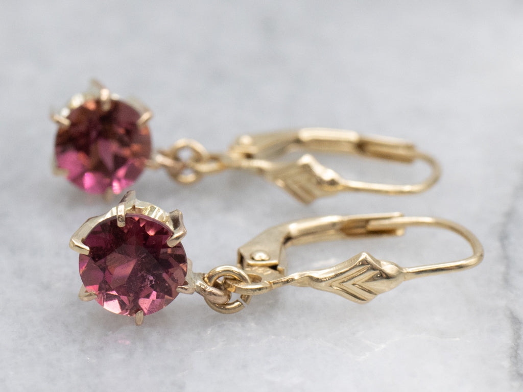 Round-Cut Pink Tourmaline Yellow Gold Drop Earrings