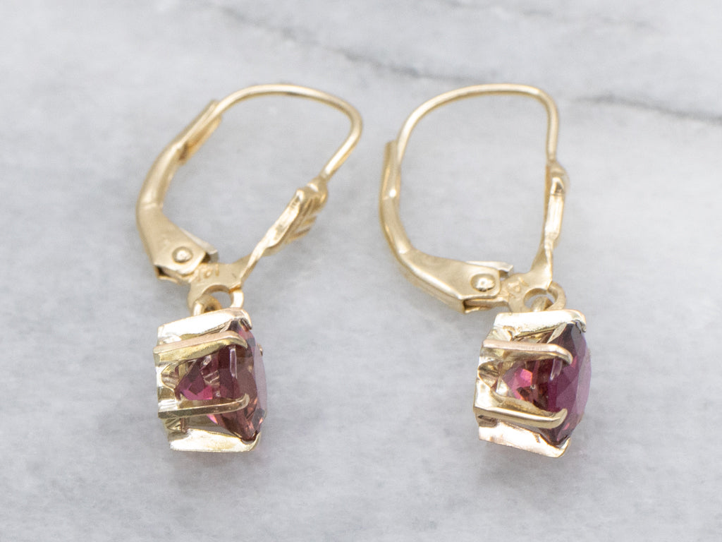 Round-Cut Pink Tourmaline Yellow Gold Drop Earrings