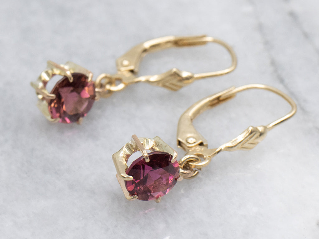 Round-Cut Pink Tourmaline Yellow Gold Drop Earrings