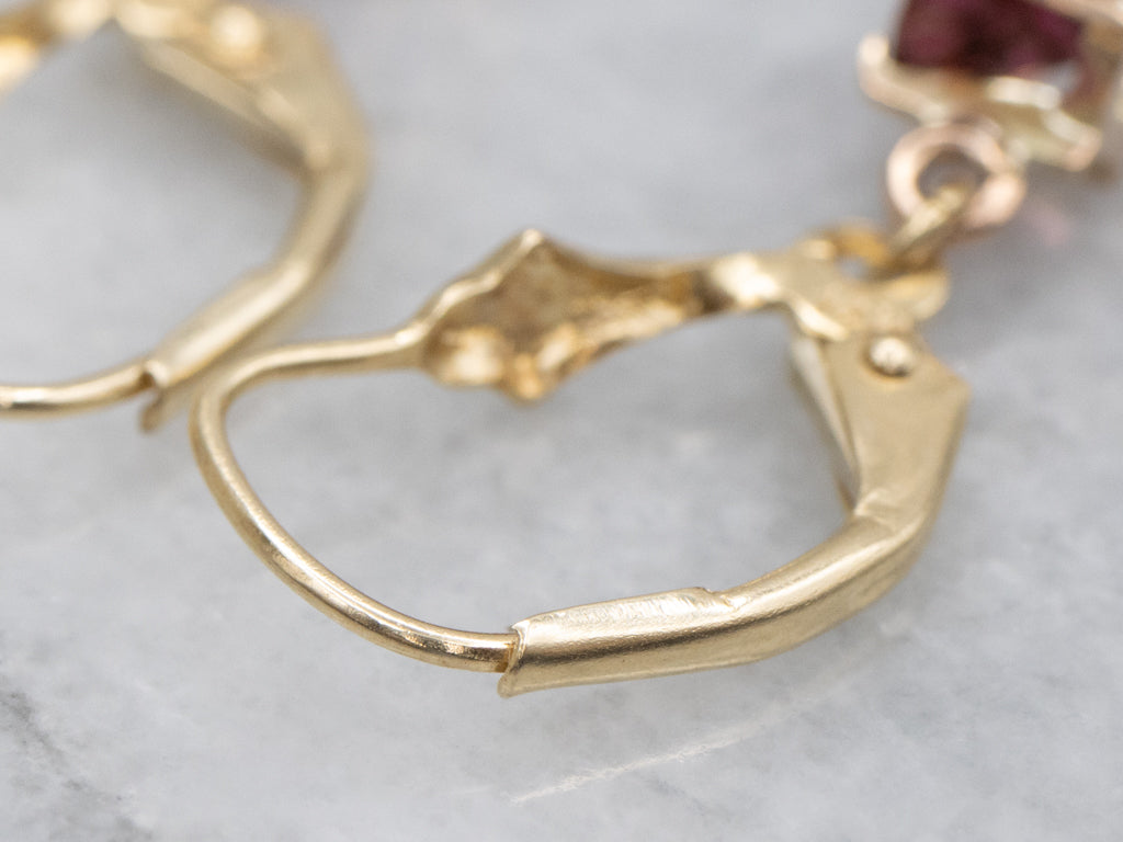 Round-Cut Pink Tourmaline Yellow Gold Drop Earrings