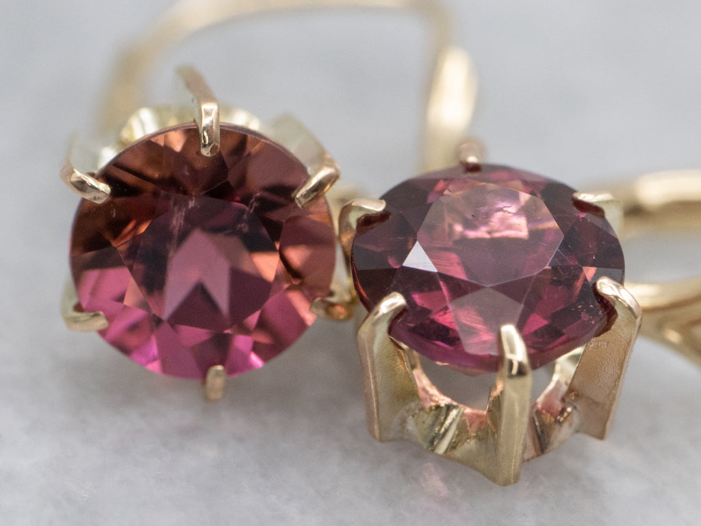 Round-Cut Pink Tourmaline Yellow Gold Drop Earrings