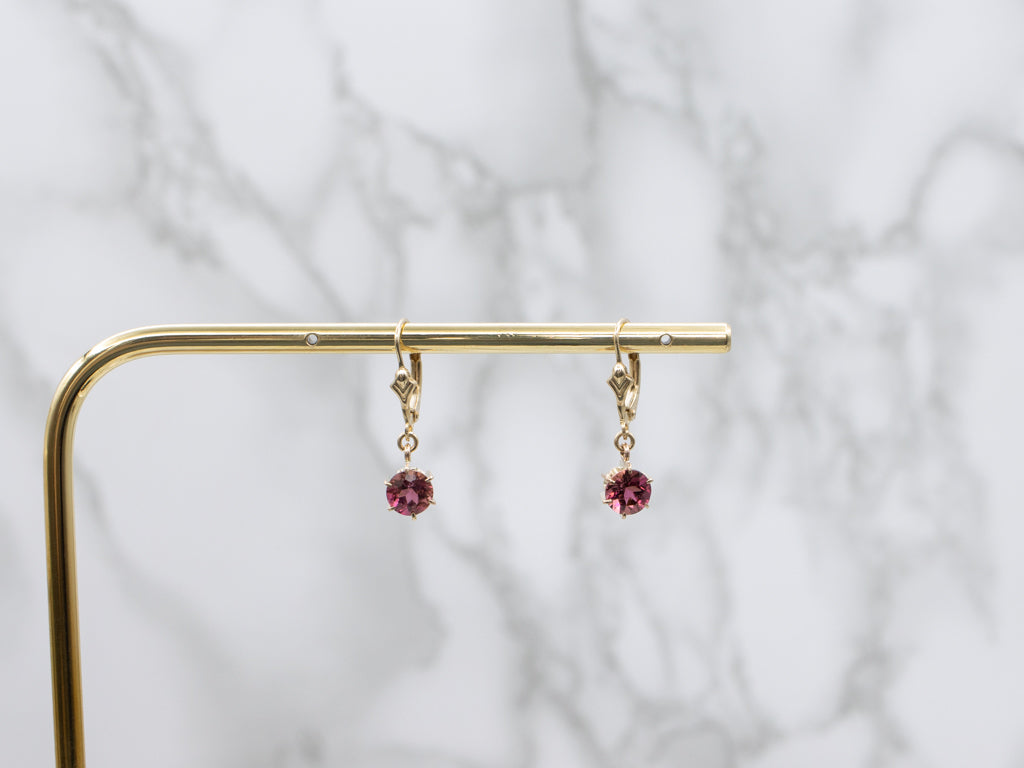 Round-Cut Pink Tourmaline Yellow Gold Drop Earrings