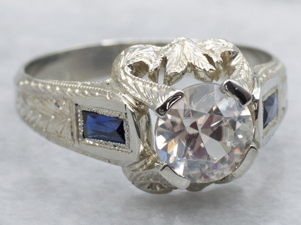 Art Deco Era White Zircon and Sapphire Ring