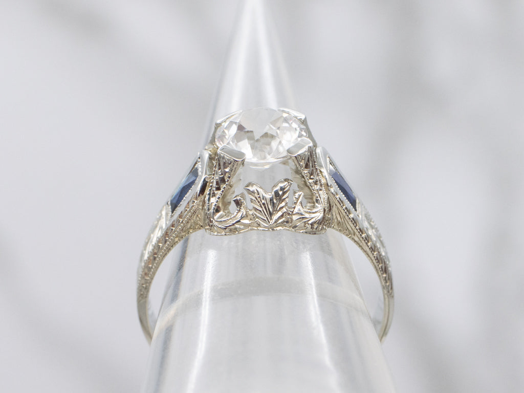 Art Deco Era White Zircon and Sapphire Ring