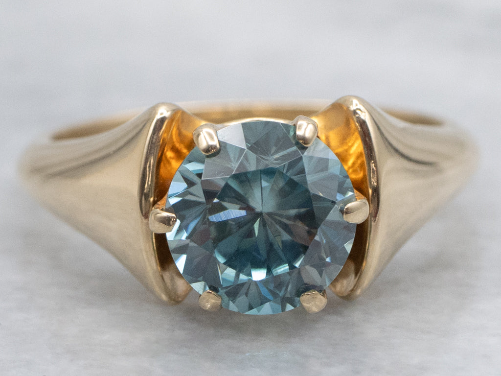 Unisex Blue Zircon Yellow Gold Solitaire Ring